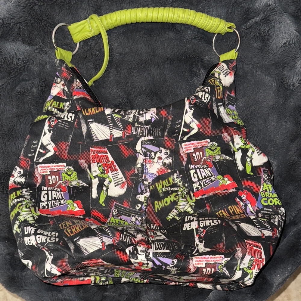 Too Fast Comic Zombie Print Hobo Bag with Green Handle